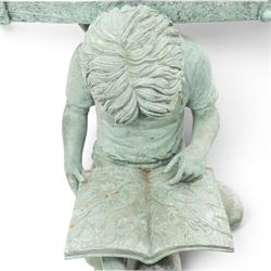 After Eneri Prosperi, bronze garden letterbox, modelled as a seated boy reading on a tree stump, with rustic post box with mail indicator, dog at his feet, textured verdigris finish throughout