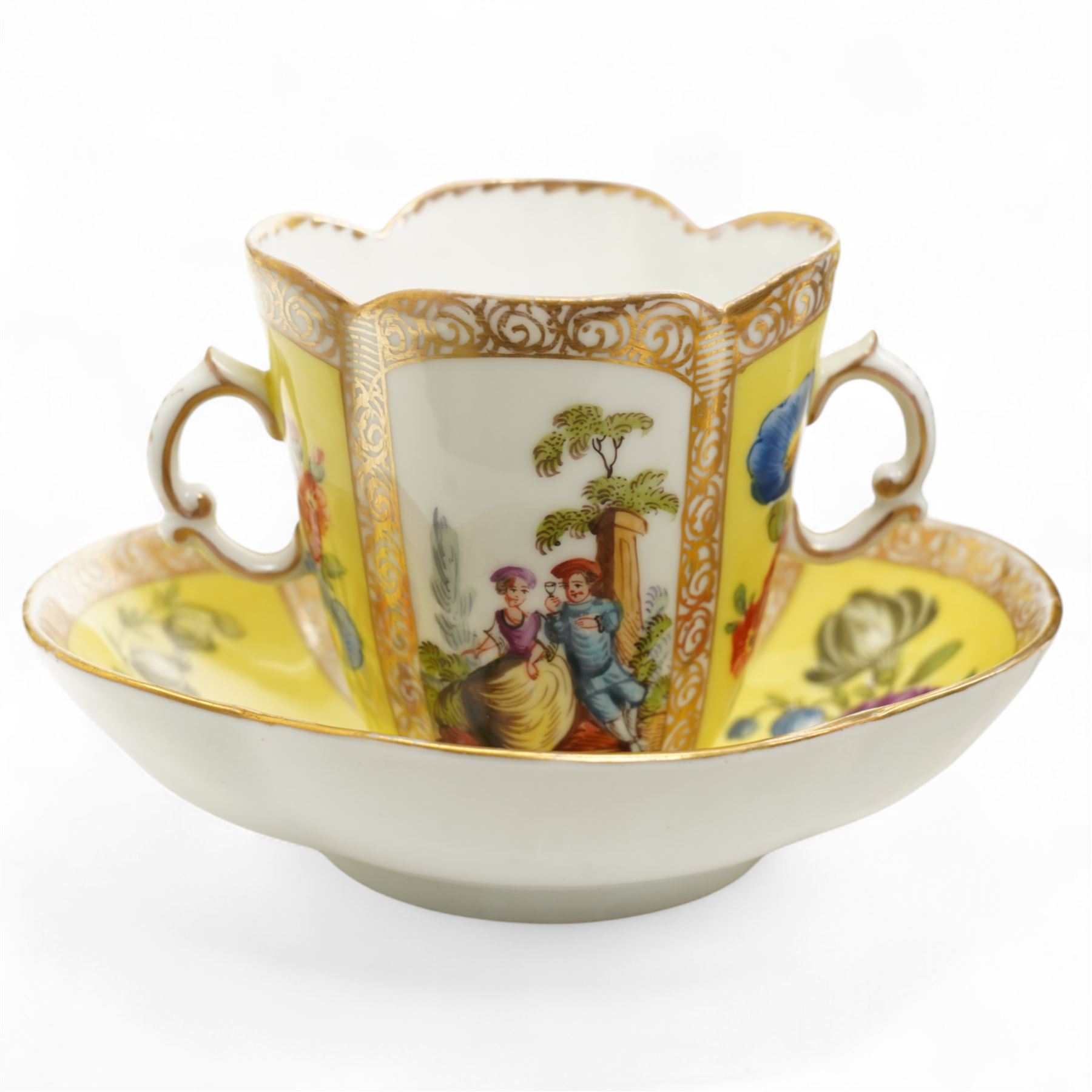 Helena Wolfsohn Dresden porcelain quatrefoil twin handled chocolate cup and stand, painted with panels of courting couples and floral sprays on a yellow ground, together with another Wolfsohn cup and saucer of the same design, and a similar continental vase decorated with shipping and town scenes, all marked to base, chocolate cup H8cm 
