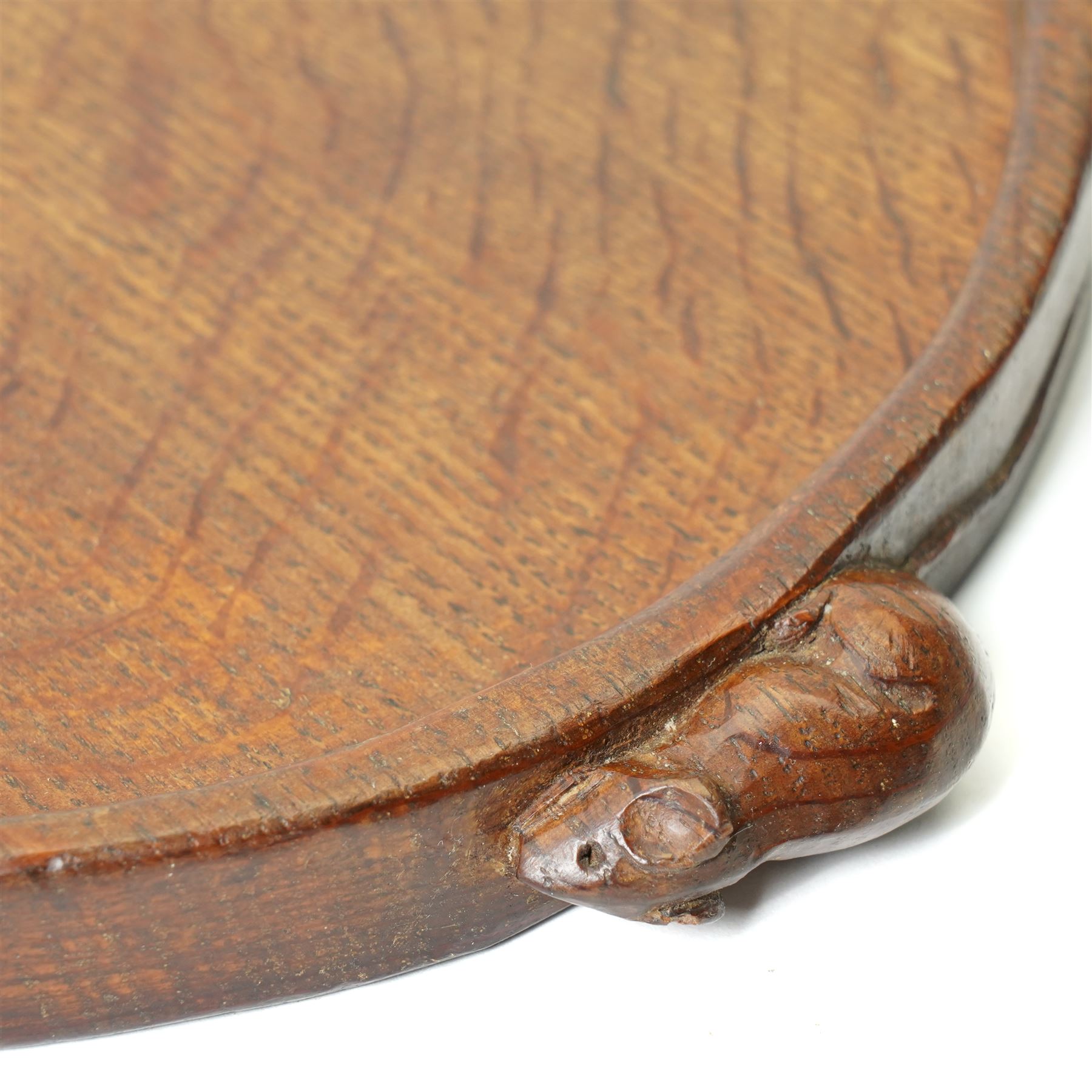 Mouseman - adzed oak kidney shaped tea tray, with twin carved mouse signature handles, by the workshop of Robert Thompson of Kilburn