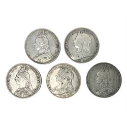 Five Queen Victoria crown coins, dated three 1889, 1897 and 1900 (5)