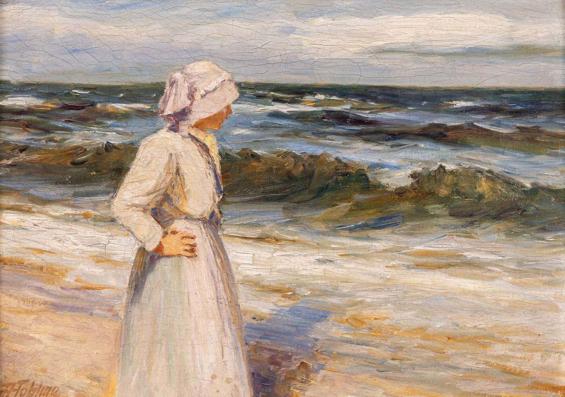 Robert Jobling (Staithes Group 1841-1923): Staithes Fishergirl Looking Out to Sea, oil on canvas signed 25cm x 35cm