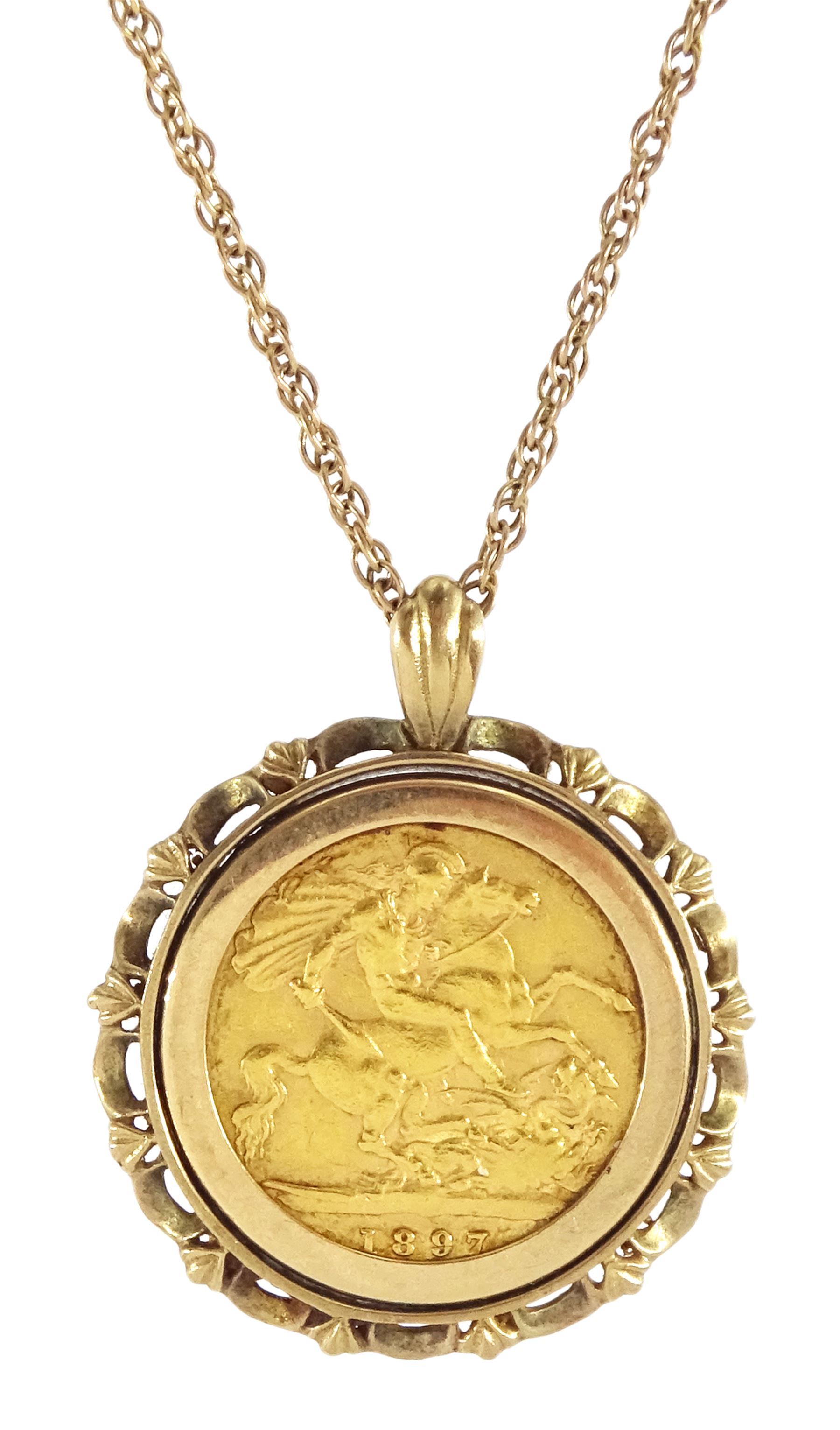 Queen Victoria 1887 gold half sovereign coin, loose mounted in 9ct gold pendant, on 9ct gold chain link necklace, hallmarked
