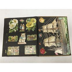Victorian scrapbook containing twenty-six double sided pages and two fixed end pages of various fixed decoupage to include clippings of maritime interest, greeting cards, portraiture, flowers, animals etc, 