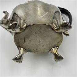 Five piece Edwardian silver tea service, comprising teapot and coffee pot, each with ebonised scroll handle, tea caddy with hinged cover, twin handled open sucrier, and milk jug, each of rounded bombe form, upon four paw feet, hallmarked William Adams Ltd, Birmingham 1904 and 1905, coffee pot H26cm
