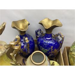 Continental hand painted vase, together with eight large Victorian vases, including some St Louis Artware examples and a pair painted with swans, tallest H50cm