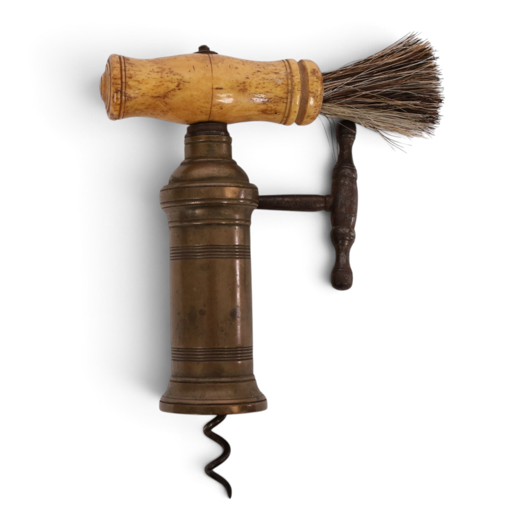 19th century Thomason Dowler style barrel shaped corkscrew the turned wooden handle with brush, rack and pinion action with sidewinder handle, marked Hill Newmarket, H14cm