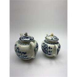 Two small 18th century Worcester teapots, circa 1770, each decorated in the Cannonball pattern, each with blue crescent mark beneath, approximately H11cm, (each with associated cover, one example with crescent mark) 

