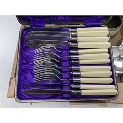 Collection of silver plate to include teapots, coffee pots, milk jug, sucrier, serving spoons, etc, together with pewter tankards 