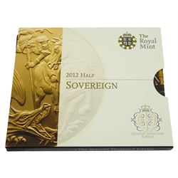 Queen Elizabeth II 2012 gold half sovereign coin celebrating The Queen's Diamond Jubilee, in The Royal Mint presentation pack