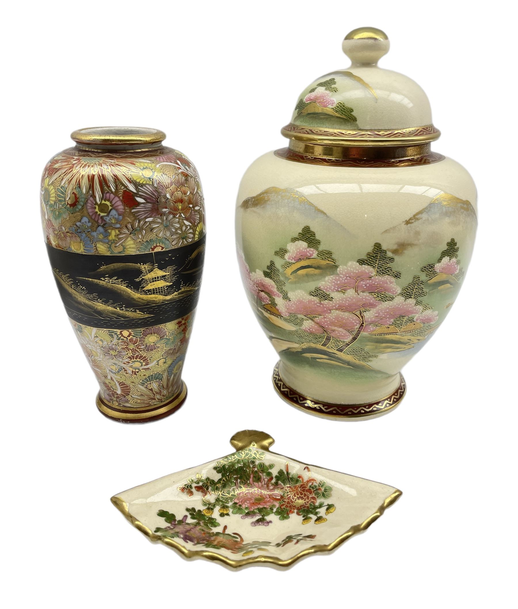 Japanese Taisho period Satsuma fanshaped dish by Uchida, Japanese