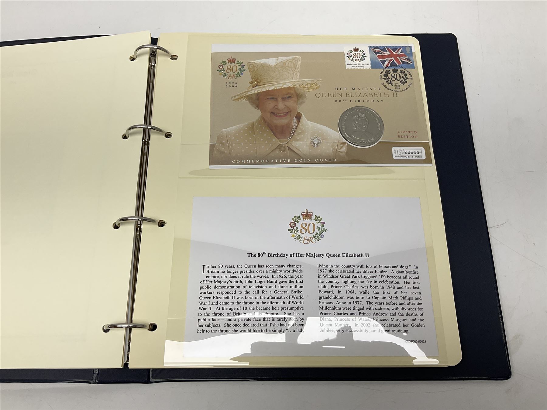 Stamp and coin covers, including 2006 'Her Majesty Queen Elizabeth II 80th Birthday' containing five pounds coin, first day covers relating to Diana Princess of Wales etc, housed in a ring binder folder