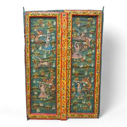 Two painted hardwood window shutters, decorated with tigers and figures 65cm x 93cm & 62cm x 90cm 