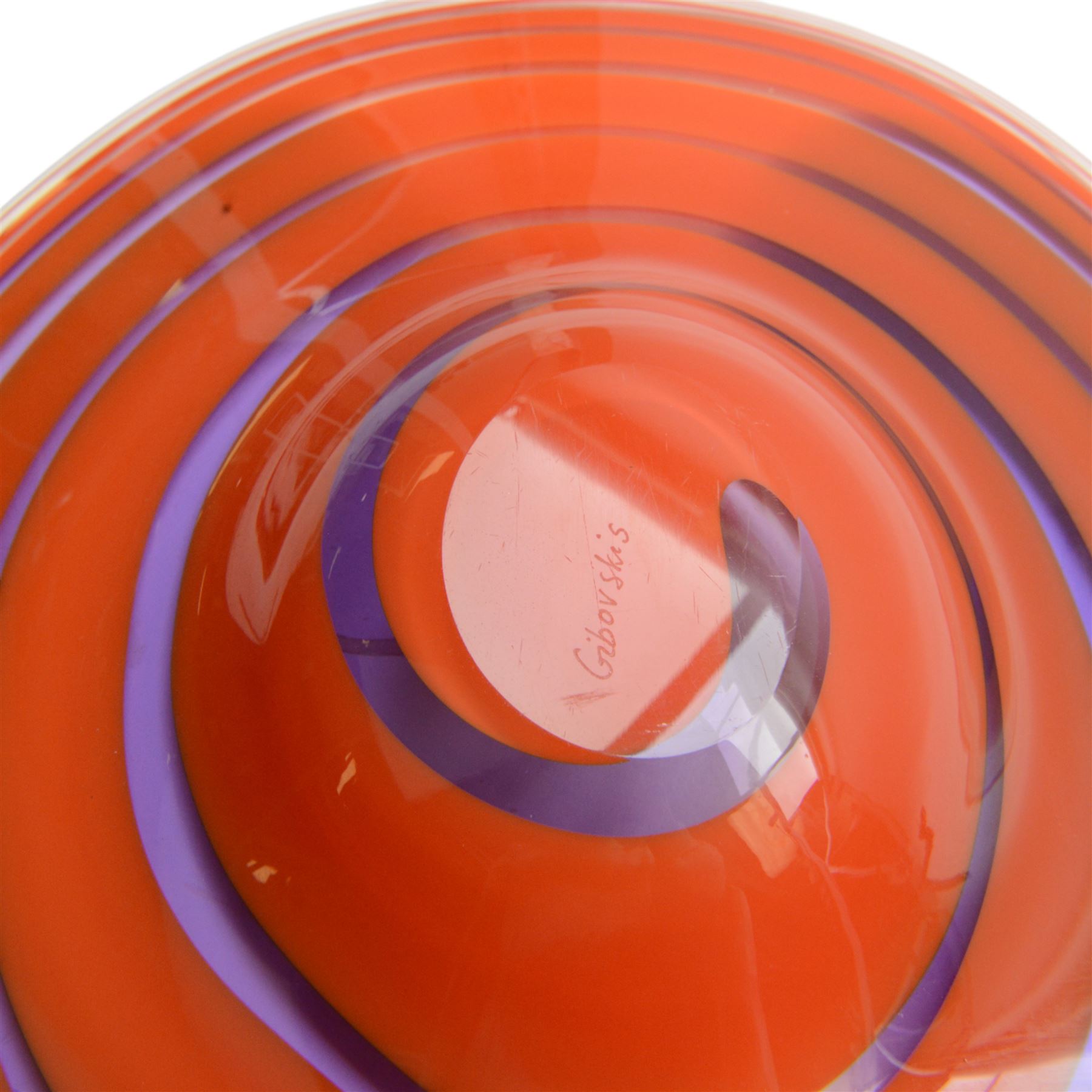 Gibovskis glass dish, with  spiral pattern in red and purple, signed beneath, W48cm, L59cm