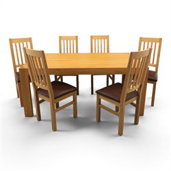 Modern solid oak dining table with set six chairs, chairs with brown leatherette seat