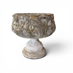 Five composition stone garden planters, comprising various circular and square forms with relief foliate decoration, together with a cylindrical lidded garden pot.