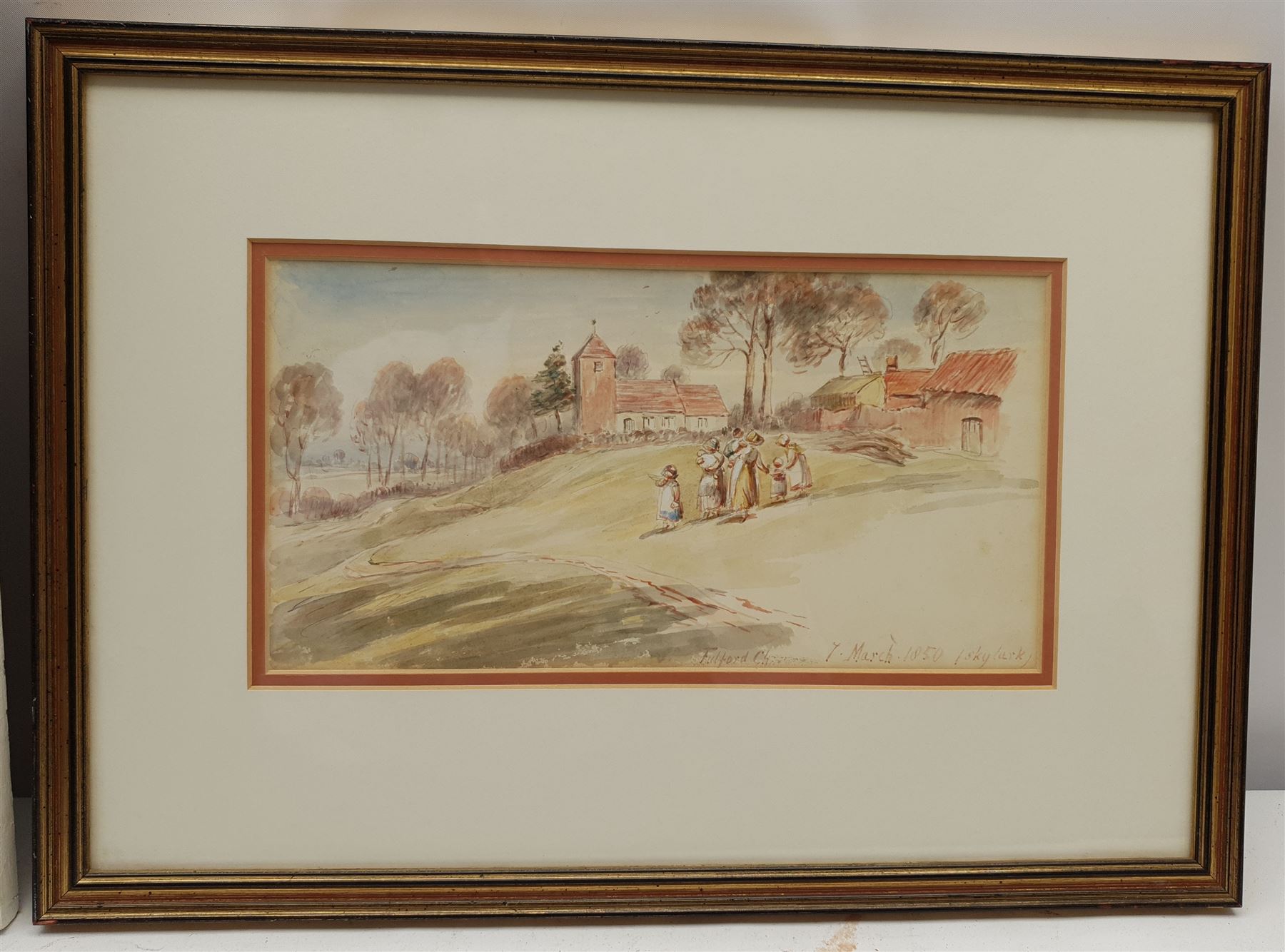 Frank Lupton (British Contemporary): 'Tuning Up' - Stonegate York, watercolour signed, titled verso 28cm x 24.5cm; 'Fulford Church', watercolour titled and dated 7th March 1850, 14cm x 26cm (2)