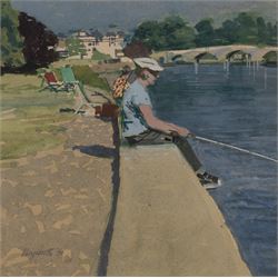Alfred Heyworth (British 1926-1976): Summer Afternoon - Fishing on the Riverside, watercolour signed 21cm x 21cm 