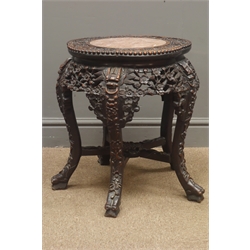  Chinese Padouk wood low Jardiniere stand, shaped circular top with marble inset on curved supports, H50cm  