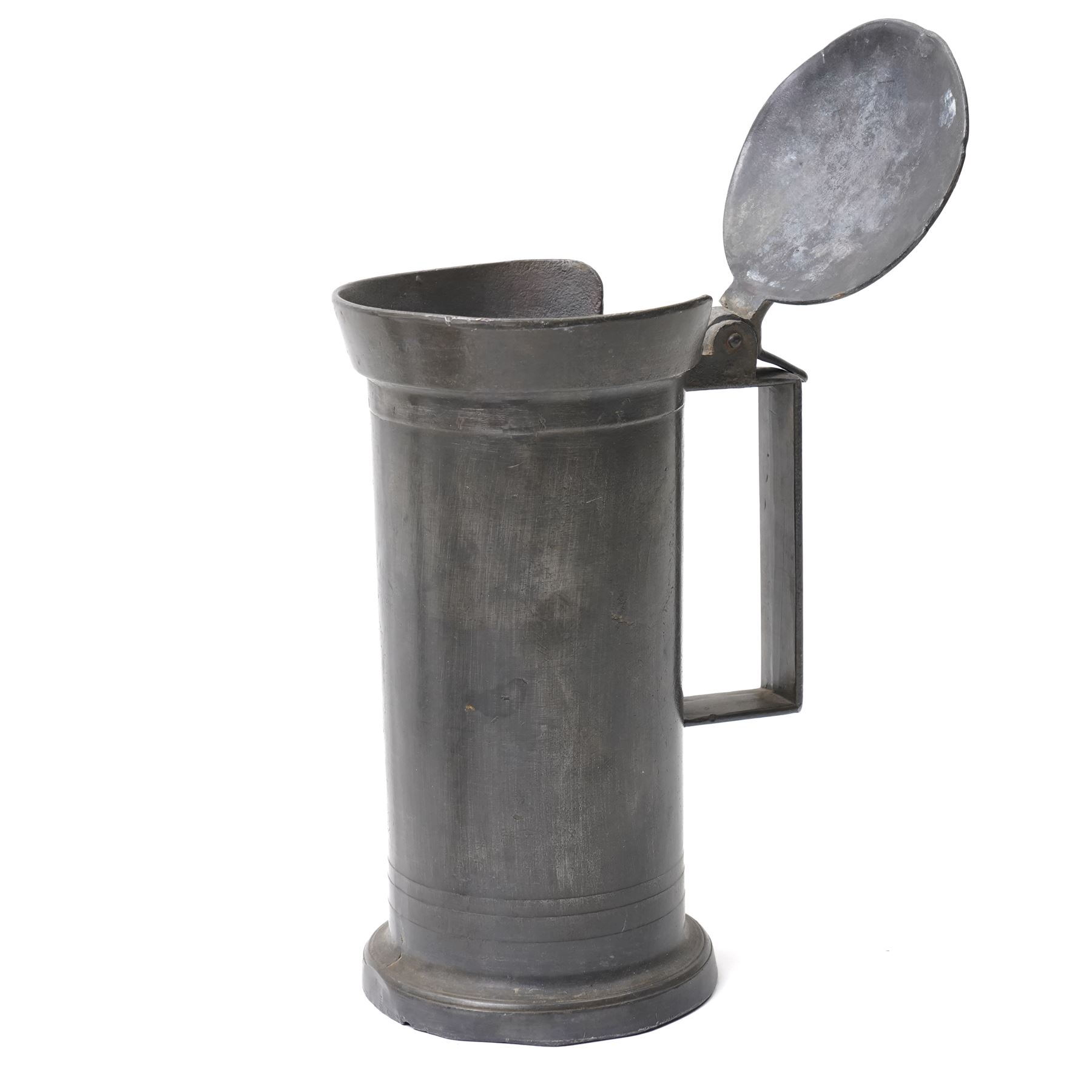 Set of six Continental 19th century graduated pewter lidded measures, each of cylindrical form with touch marks to base, max H22cm 
