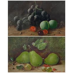 J O Rattenbury (British mid 20th century): Still Life of Pears and other Fruit, pair oils on board signed and dated 195*, 14cm x 22cm (2)