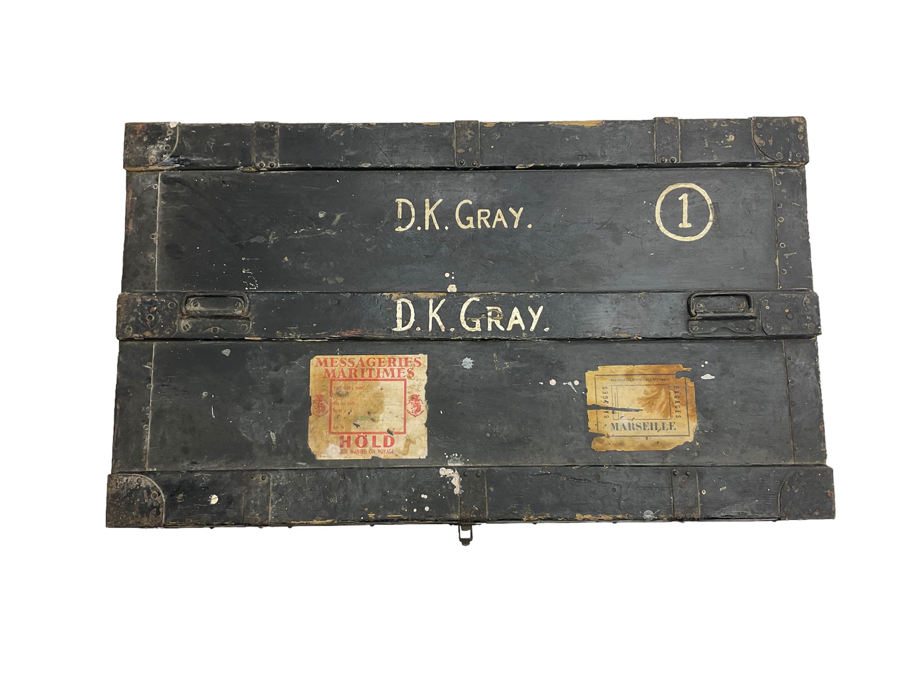 'The Marshall Improved Air & Water-Tight Chest' 1917-1933, metal bound military chest with tin liner (92cm x 53cm x 35cm), and a wooden bound canvas travel trunk (92cm x 52cm x 32cm)