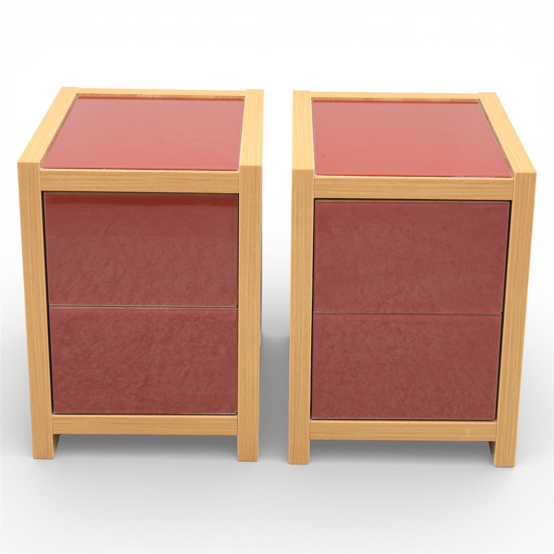 Sliderobes - modern dressing table and two bedside cabinets, red glass panels to top and drawer fronts, drawers with push to open mechanism, with veneered oak frames (Bedside tables H 56cm, D 50cm, W 40cm; Dressing table: H 83cm, D 50cm, W 135cm)