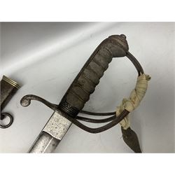 British 1821 Pattern Light Cavalry Officer's sword, with plain 87.5cm slightly curving fullered steel blade and plain steel three-bar hilt with wire-bound fish skin grip and plaited knot on later cord; in steel scabbard with two hanging rings L103cm overall