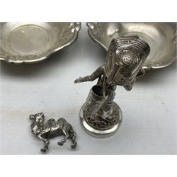 Group of silver and white metal figures, various modelled, unmarked and some with various marks, including Sterling, 800, an 925, together with a pair of white metal dishes