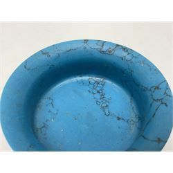 Carved single piece turquoise bowl with fluted rim, upon a raised footed base, D10cm, H5cm