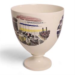 Eric Ravilious (British 1903-1942) for Wedgwood, a 'Ravilious' Boat Race pedestal vase, designed c1938, Queen's ware jug with transfer printing and hand painting, impressed and printed marks to base, H25.5cm 