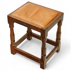 Mouseman - dark oak dressing table stool, circa 1950, tanned leather seat with brass tacks...