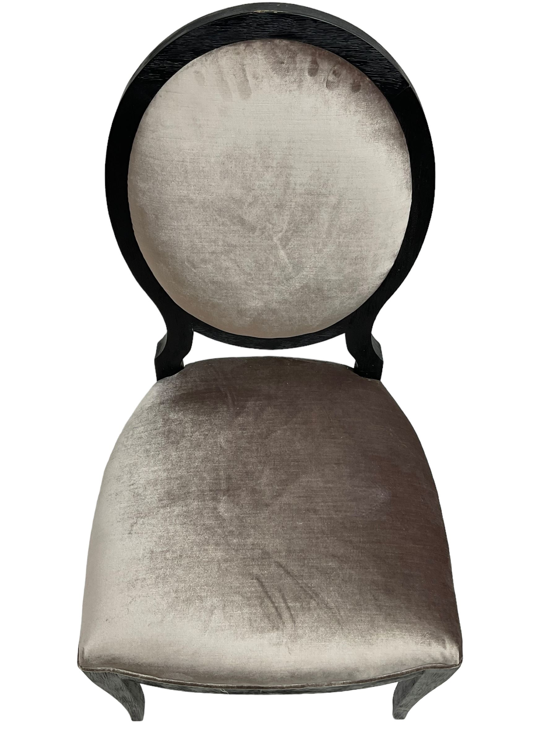 India Jane Interiors - Pair of French design cameo back dining chairs, upholstered in silver velvet fabric ebonised frame, on square tapering supports with splayed feet - ex-display/bankruptcy stock 