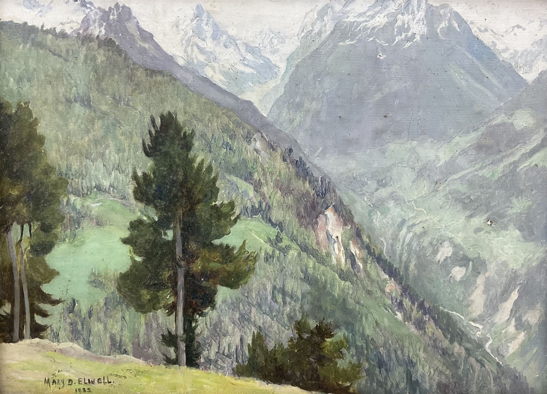 Mary Dawson Elwell (British 1874-1952): 'The *** from Chandolin Val d'anniviers Valais', oil on panel signed and dated 1932, original title label with artist's address verso 26cm x 35cm