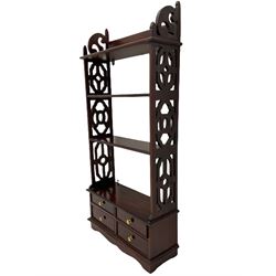 Georgian style mahogany open bookcase, fretwork sides, four small drawers