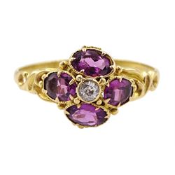 Victorian 15ct gold oval garnet and old cut diamond cluster ring