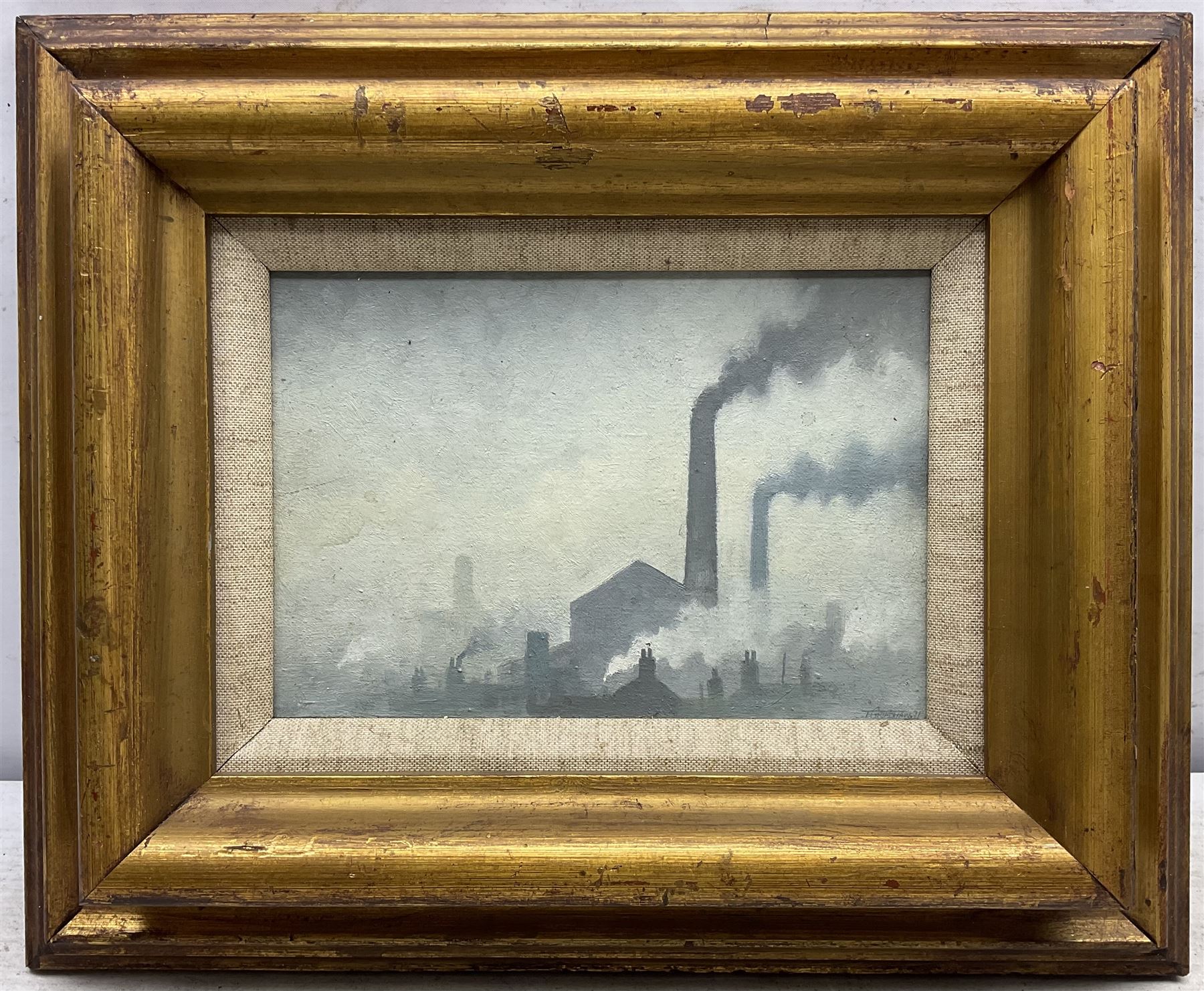 Trevor Grimshaw (Northern British 1947-2001): 'Industrial Scene with Two Chimneys', oil on canvas signed and dated '71, titled verso 16cm x 24cm