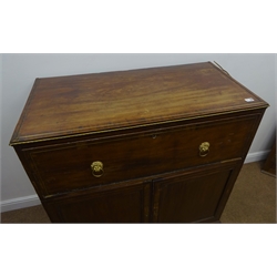  Regency brass inlaid and cross banded mahogany secretaire chest, fall front enclosing fitted interior above two cupboard doors, shaped bracket supports, W109cm, H116cm, D55cm  