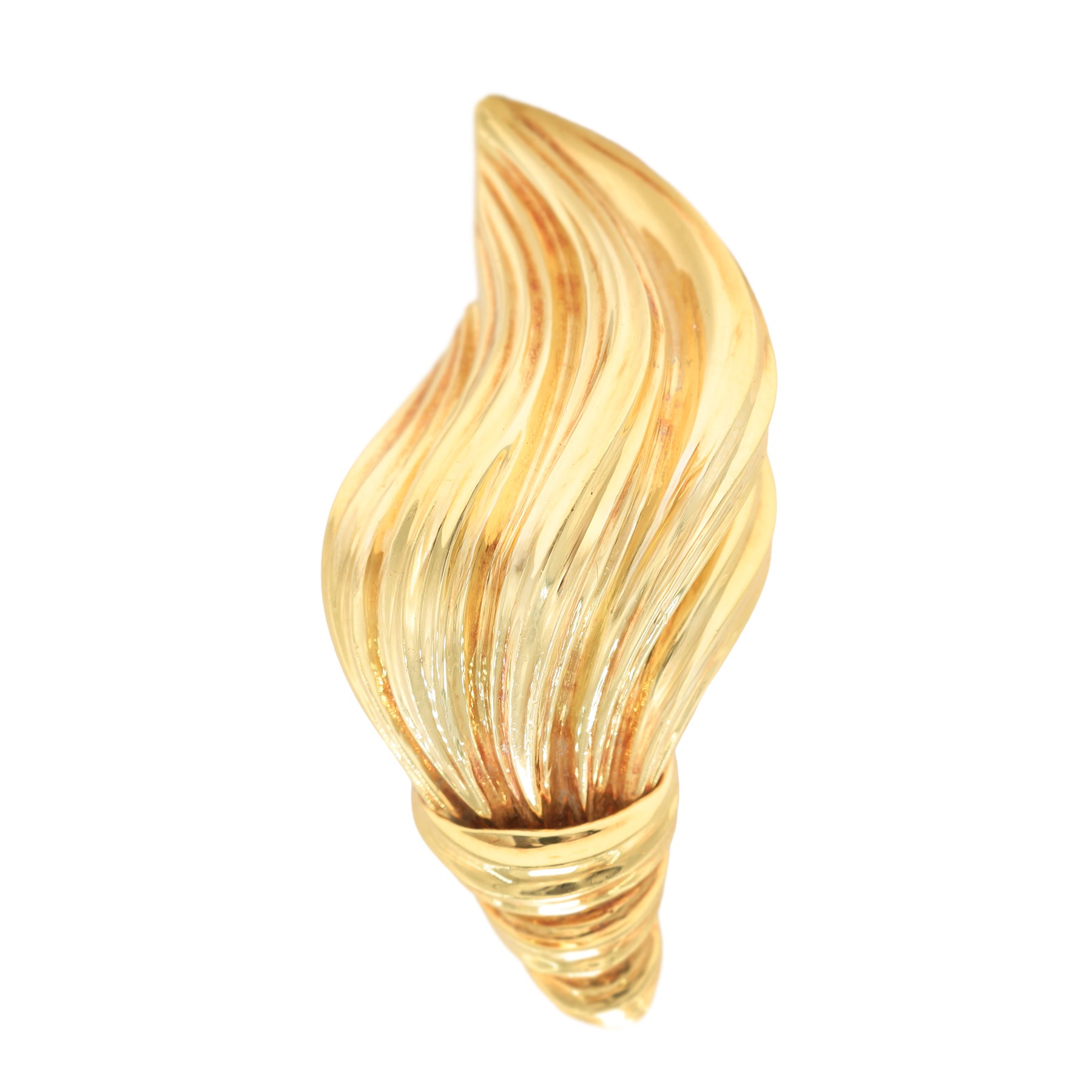 18ct gold abstract 'Flame' brooch designed by Henry Dunay for Garrard, London import mark 1986, boxed with receipt