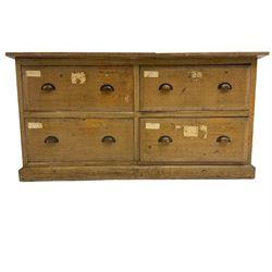 19th century rustic pine chest, rectangular top with lift off section over right top drawer, fitted with four large drawers, panelled sides, raised on plinth base