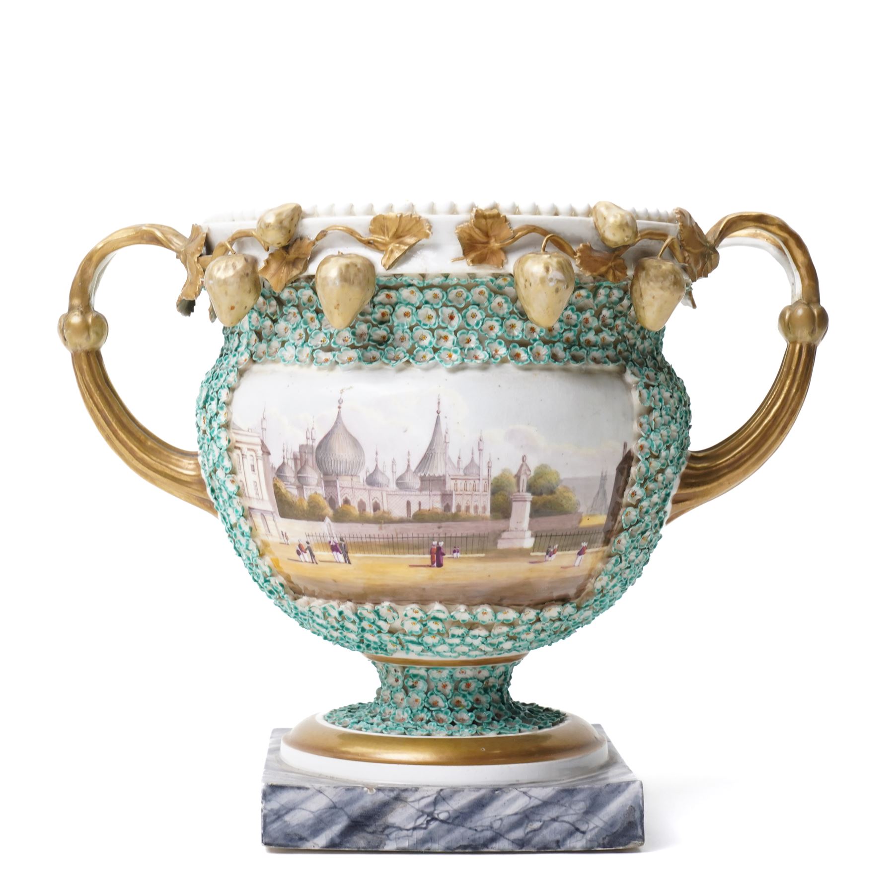 Pair of 19th century Grainger Lee & Co Worcester urns, c1820s-1830s, hand-painted with views of 'Near London Bridge' and 'Brighton Pavilion' upon a ground of encrusted forget-me-not decoration, the beaded rim with twin naturalistically formed handles, leading into vines moulded with strawberries in high relief, the pedestal painted to imitate marble, painted marks to base, H20cm