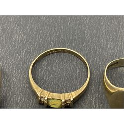 Three 9ct gold rings, including onyx and diamond signet ring, engraved signet ring and a stone set ring, all hallmarked 