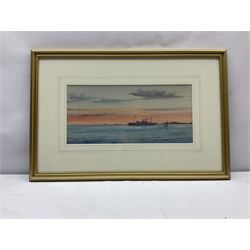 Frank Watson Wood (Scottish 1862-1953): 'SS Mantua Leaving Fjords', watercolour signed titled and dated 1914, 16.5cm x 35.5cm