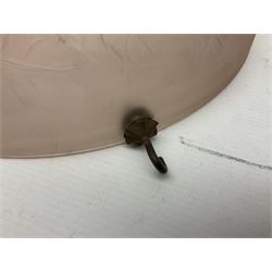 1930s pink frosted glass ceiling light shade, decorated with roses, D