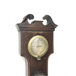 George III figured mahogany banjo barometer by 'P. Borini, Birmingham', swan neck pediment above damp/dry dial and thermometer, silvered circular register, box wood stringing, H97cm