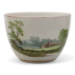 Set of four Pinxton porcelain bute shaped teacups and saucers, circa 1796-1813, pattern no. 218, painted in polychrome with landscape panels within gilt rims, possibly by John Cutts, three pieces numbered 218 beneath, saucer D14cm, teacup H6cm (8)