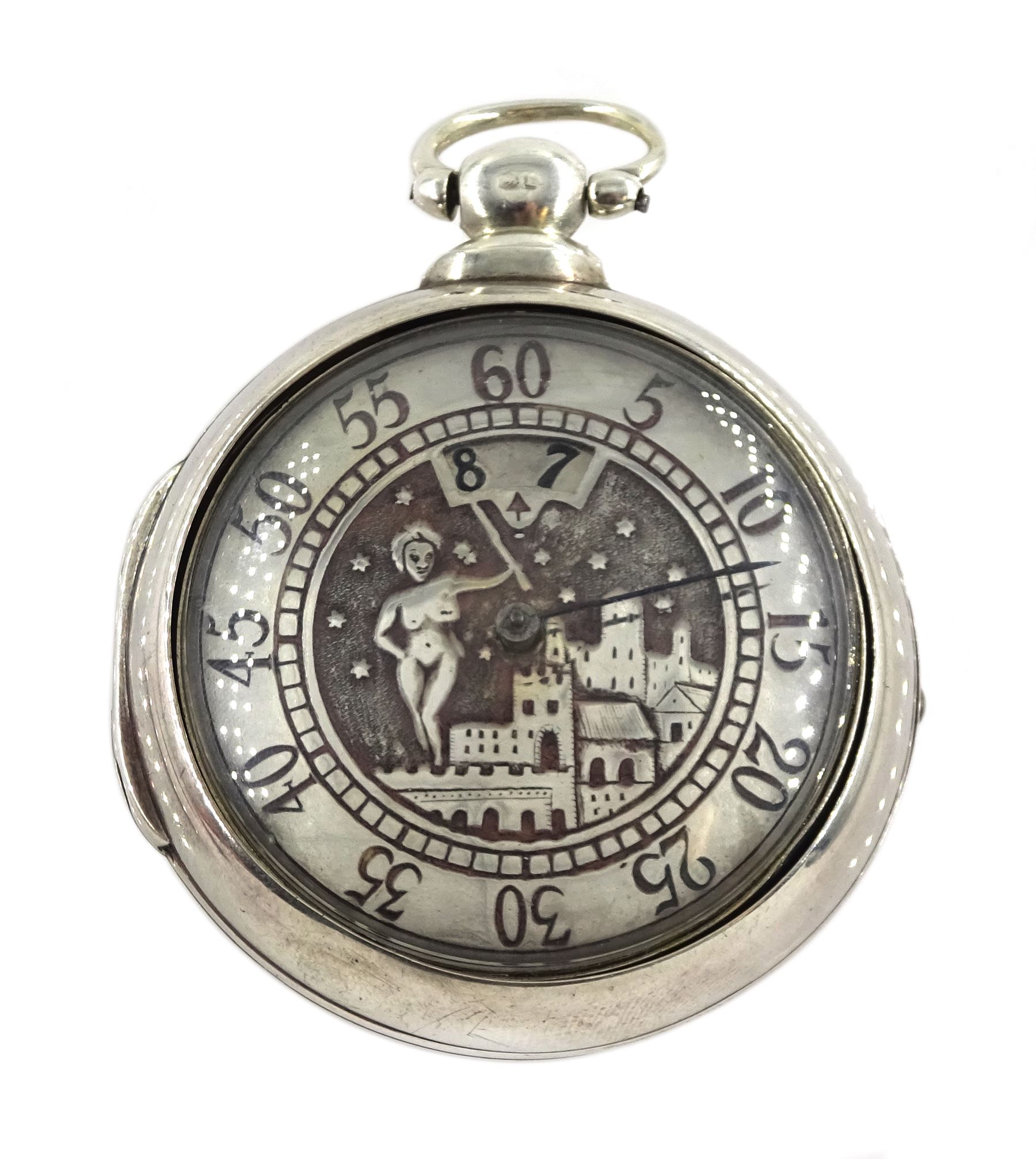19th century silver pair cased verge fusee pocket watch by John Roberts, London, No. 9388, round pillars, pierced and engraved balance cock decorated with a mask, silver champleve dial depicting a nude female standing on a bridge amongst the stars, wandering hour dial with Arabic five minute markers and single hand, bull's eye glass, case by George Richards London 1832