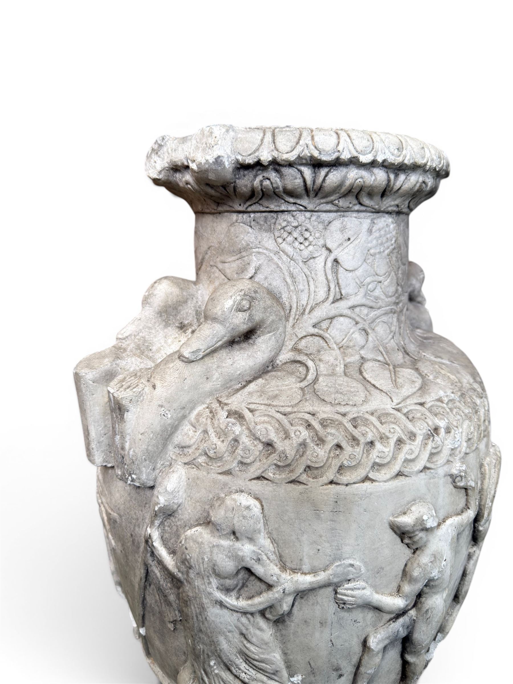 Early 20th century painted plaster classical urn, detailed with swan necks and mythical scenes