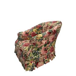 Victorian low tub shaped armchair, beech framed with compressed bun feet, loose floral fabric