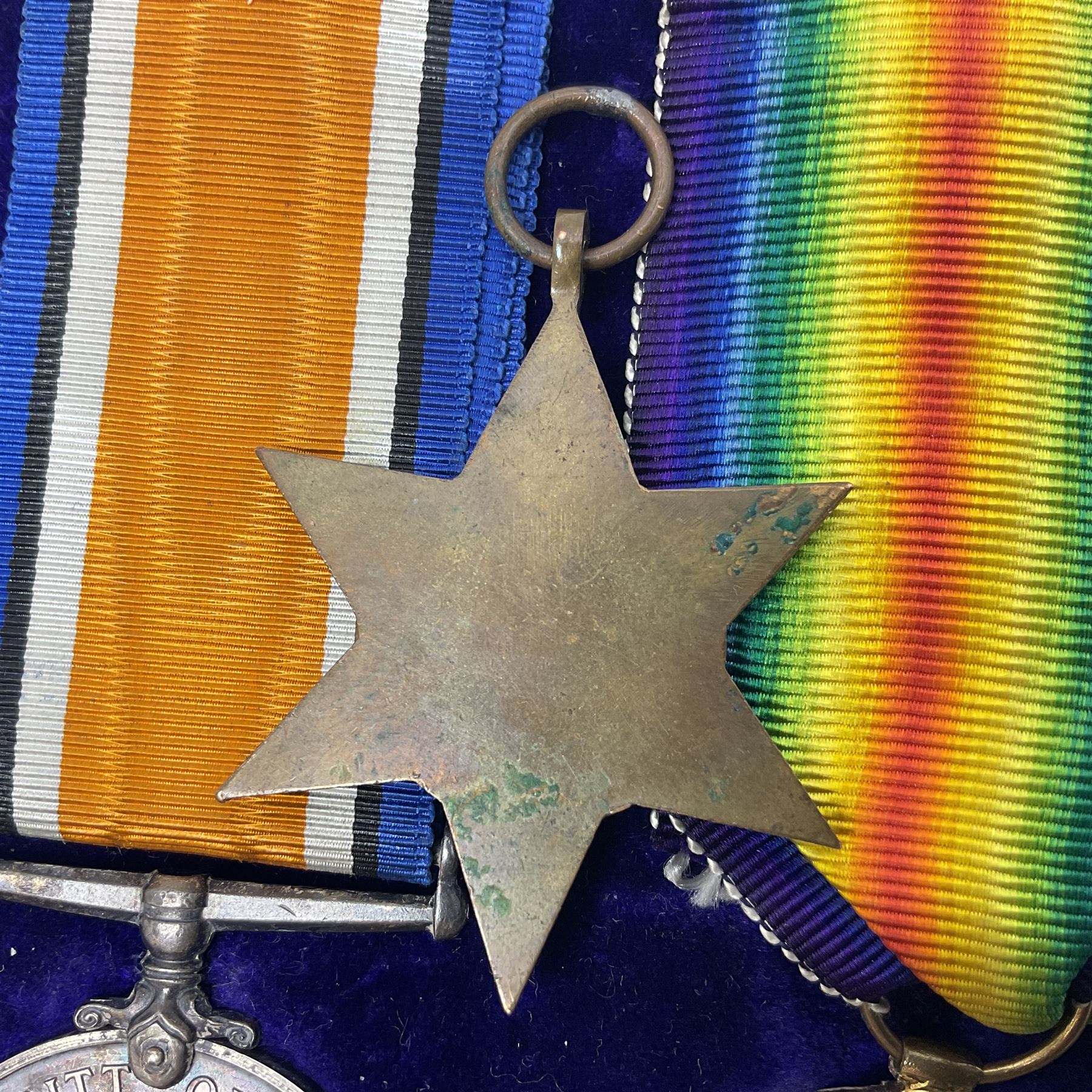 WWI pair of medals comprising British War Medal and Victory Medal awarded to 12-1379 Pte. H. Marshall York and Lanc. R.; both with ribbons in display case; and WWII 1939-1945 Star