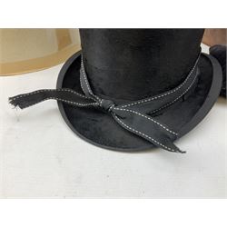 Leather hat box containing black felt top hat with 'British Manufacture' label, together with a grey top hat with 'Allens of Harrogate' label 